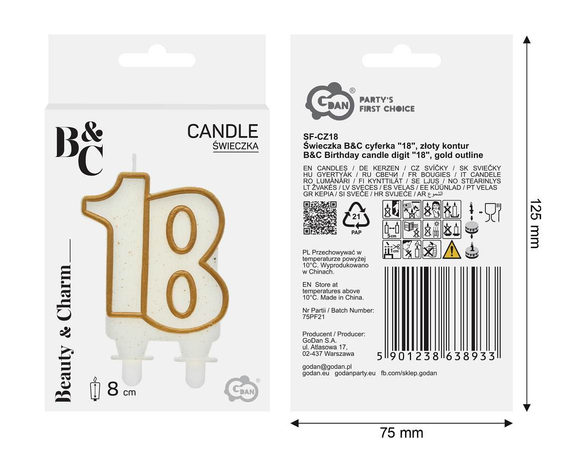 Birthday candle digit "18", gold outline, 8 cm